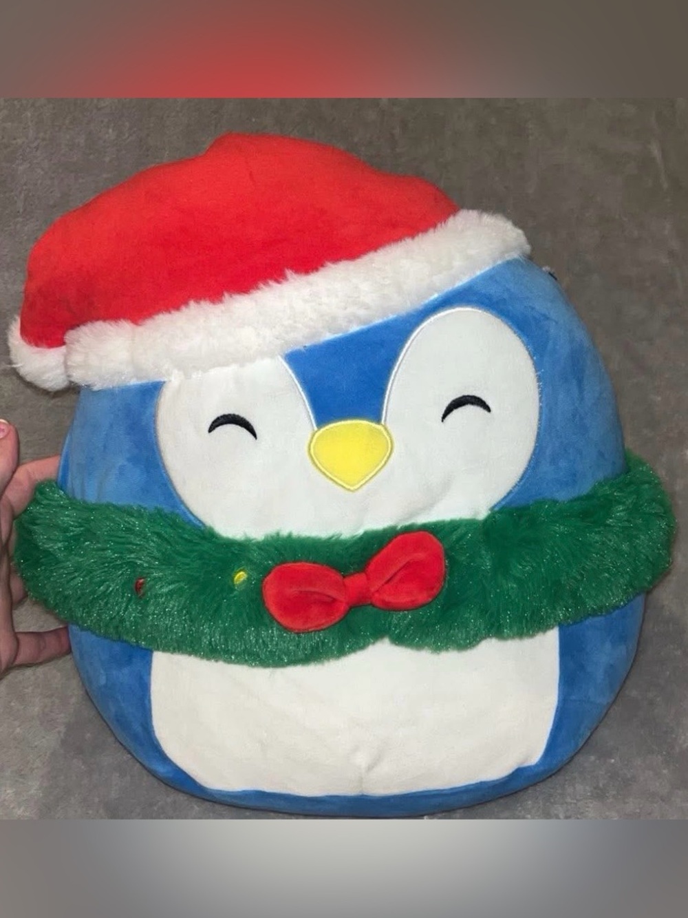 Squishmallows Blue Penguin with Red Santa Hat and Green Wreath